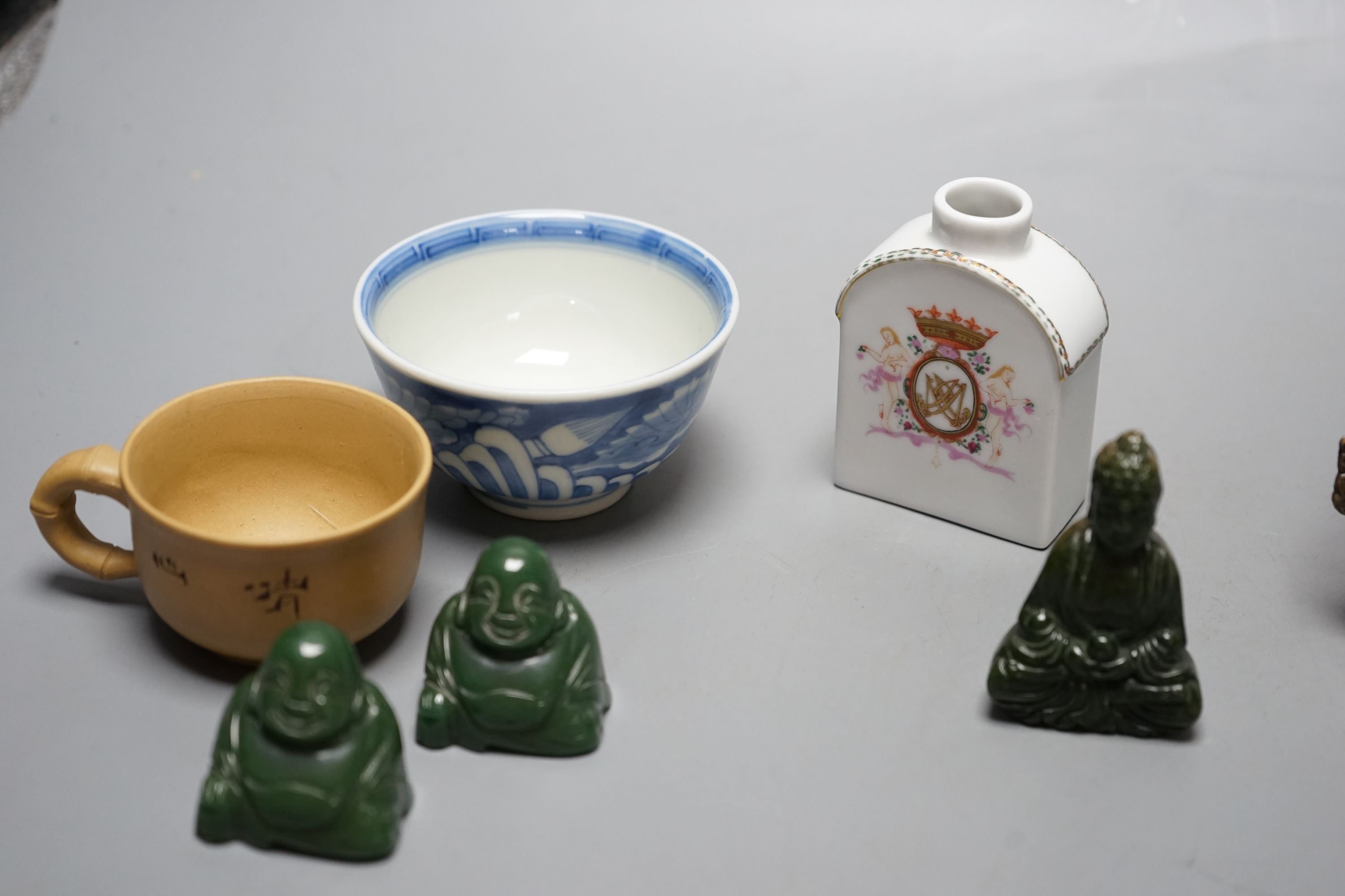 Assorted Chinese items including bronze Tibetan buddha, jades etc, Buddha 13 cms wide.